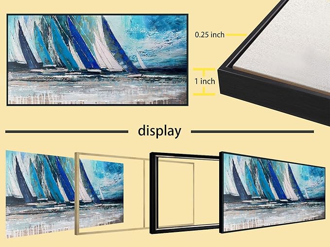 Arjun Framed Wall Art Blue Abstract Wall Art Canvas for Living Room, Teal Coastal Nautical Sailboat Picture Painting Artwork Bedroom Home Office Wall Decor, Black Wood Large 40"x20"