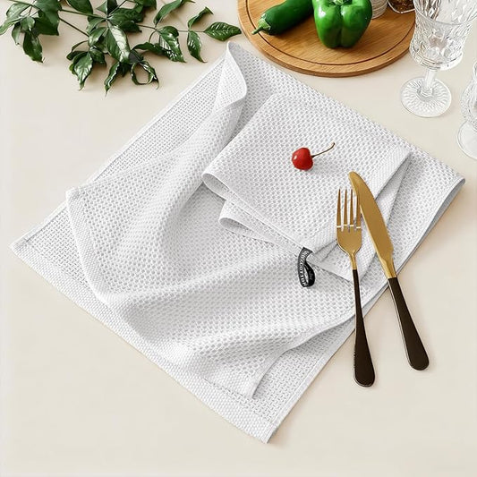 Kitinjoy 100% Cotton Kitchen Towels and Dishcloths Set, 12 Pack Waffle Weave Dish Towels Ultra Soft Absorbent Quick Drying Dish Rags, 13 x 28 Inch and 12 X 12 Inch, White