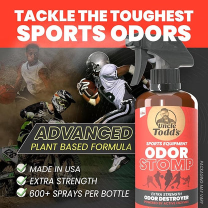 Uncle Todd’s Odor Stomp Sports Equipment Odor Eliminator Spray - Extra Strength Enzyme-Powered Deodorizer for Football, Hockey, Gym Bags, and Athletic Gear - Citrus Sport Scent - 16oz