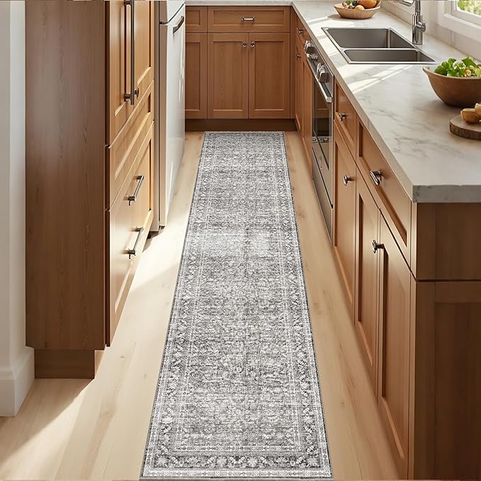 OPPODREAM Thin Vintage Grey 2x10 Runner Rug, 2 x 10 Retro Washable Rug Non Slip, Low-Pile Faux Wool Carpet, Distressed Gray Floor Mat for Kitchen, Hallway, Entry-Way, Entrance, Indoor Back Door