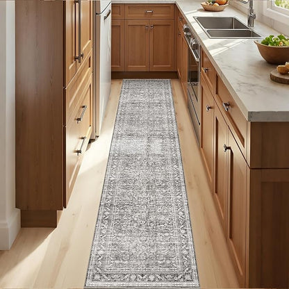 OPPODREAM Thin Vintage Grey 2x10 Runner Rug, 2 x 10 Retro Washable Rug Non Slip, Low-Pile Faux Wool Carpet, Distressed Gray Floor Mat for Kitchen, Hallway, Entry-Way, Entrance, Indoor Back Door
