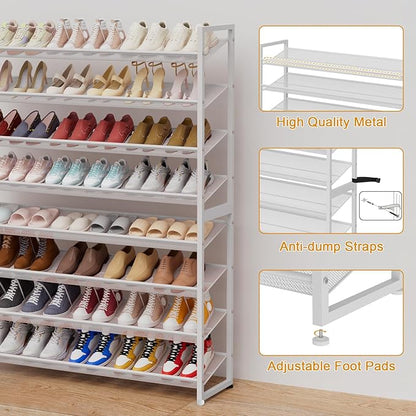 Large Shoe Rack 8 Tier Shoe Organizer, Heavy Duty Metal 4-Tier Stackable Shoe Storage Vertical Shoe Rack for Closet Front Door Entrance, Up to 50 Pairs, 44.8" W x 11.4" D x 56.7" H, White