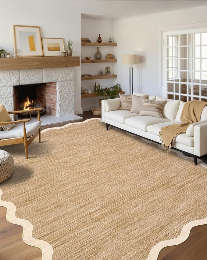 GarveeHome Scalloped Washable Rugs 10x13 Rug for Living Room Modern Bedroom Rug Brown Large Area Rug Non Slip Throw Rugs Soft Low Pile Stain Resistant Carpet for Dorm Dining Room 10'x13' Light Brown