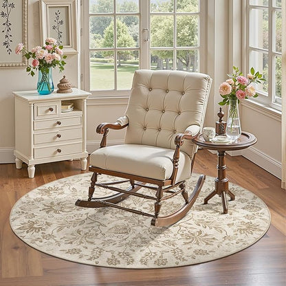 jinchan Classic Floral Round Rug 4ft, Vintage-Inspired Neutral Design 4’Circle Rug, Machine Washable Ultra-Thin Low-Pile Non-Slip Indoor Carpet for Bedroom Dining Room Living Room Entryway Taupe