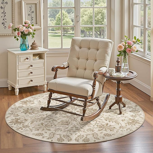 jinchan Classic Floral Round Rug 4ft, Vintage-Inspired Neutral Design 4’Circle Rug, Machine Washable Ultra-Thin Low-Pile Non-Slip Indoor Carpet for Bedroom Dining Room Living Room Entryway Taupe