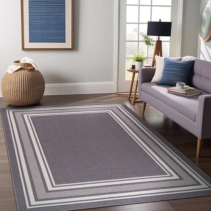 Beverly Rug Non Slip Area Rugs 3x5 Modern Bordered Non Skid Rubber Backing Soft Area Rug for Living Dining Room Easy to Clean Non Shedding Kitchen Bedroom Indoor Carpet 3 x 5 Gray