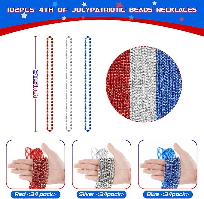 SHAOQINLIN 102 PCS Patriotic Bead Necklaces, 4th of July Oval Beads Necklaces Bulk 4th of July Accessories 30.5 Inch Metallic Red/Silver/Blue Beaded Necklace for Patriotic Day, Carnival Party Favor