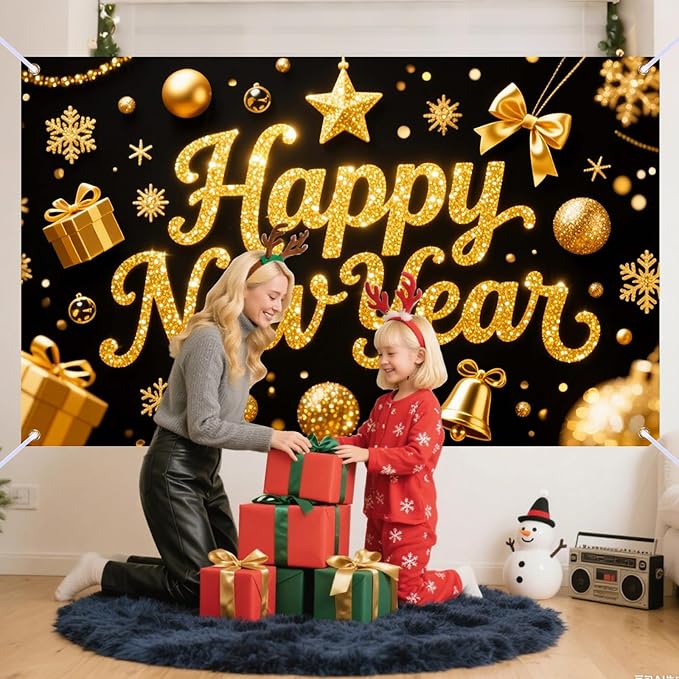 Nuxovilar Happy New Year Banner, Golden Opulent Elements Backdrop for Party Decorations, 71x43 Inch