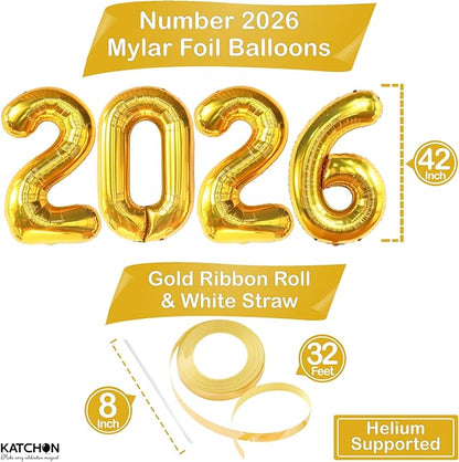 Katchon, Giant Gold 2026 Balloons - 42Inch | New Year Balloons | 2026 Balloon Numbers | Gold Balloon for New Years Decorations 2026 | NYE Decorations | New Years Eve Party Supplies 2026