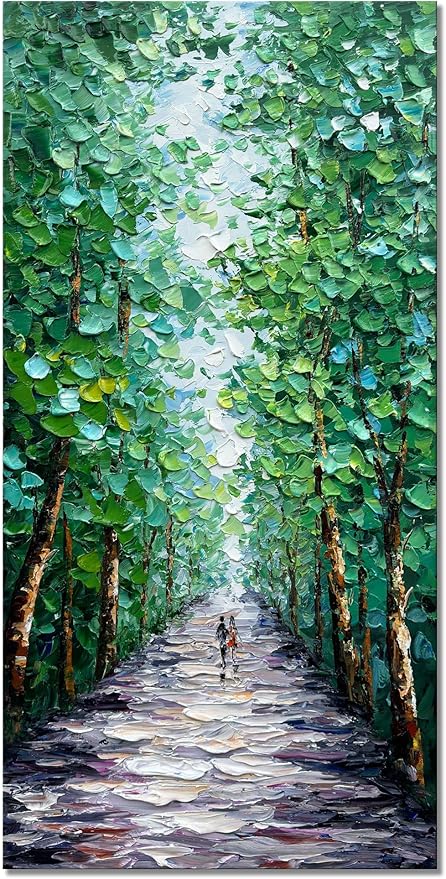 Alenoss Hand Painted Canvas Wall Art, Large Midsummer Forest Landscape Painting, Abstract Oil Painting on Canvas, 24x48 inches, Green, Vertical Wall Art for Living Room, Bedroom
