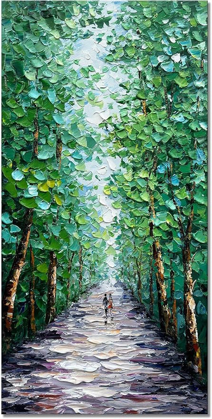 Alenoss Hand Painted Canvas Wall Art, Large Midsummer Forest Landscape Painting, Abstract Oil Painting on Canvas, 24x48 inches, Green, Vertical Wall Art for Living Room, Bedroom