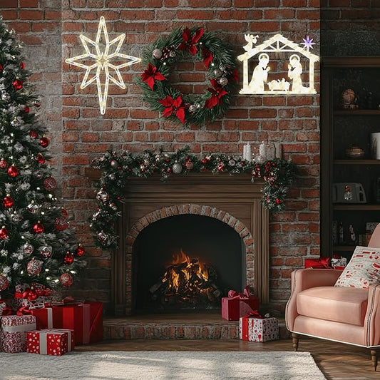 Christmas Decorations 17" Christmas Window Silhouette Lights Decorations - 2 Pack Nativity Scene with Lights ＆ Lighted Bethlehem Star for Holiday Indoor and Outdoor Wall Door Window Decorate