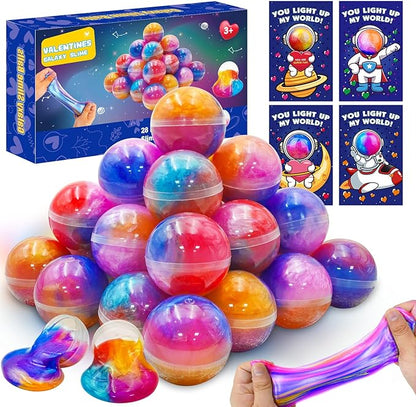 28 Pack Valentines Day Gifts for Kids,Galaxy Slime with Valentines Cards for Kids, Stress Relief Fidget Toys Set, Classroom Exchange Gifts, Valentine's Day Party Favors, School Prizes