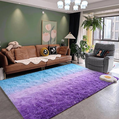 DweIke Luxury Fluffy Kids Rugs for Living Room Bedroom, 6x9 Large Shaggy Purple and Blue Area Rug for Girls Boys, Upgrade Plush Non-Slip and Washable Colorful Fuzzy Carpet for Dorm Nursery Decor