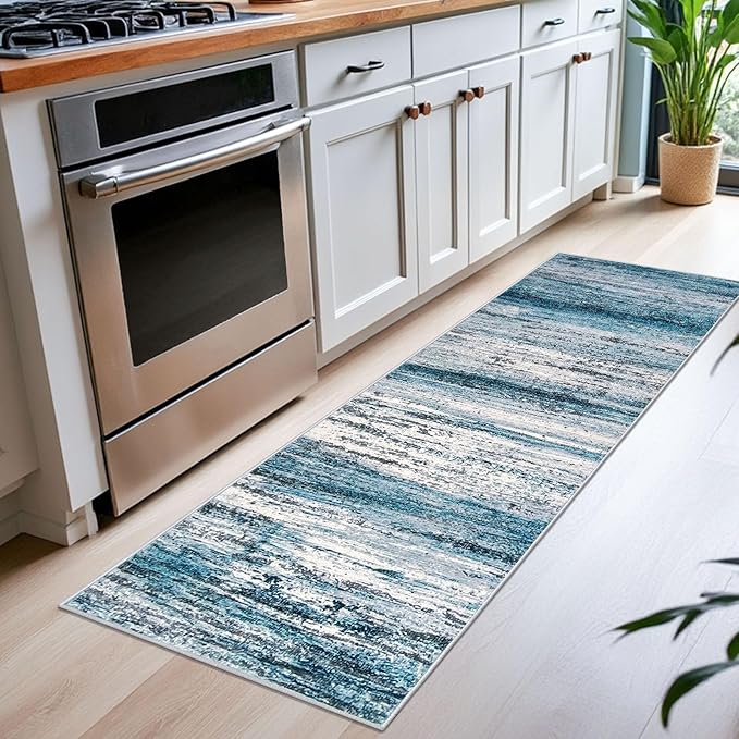KOZYFLY Modern Abstract Hallway Runner Rug, 2x6 Washable Rug Runner Non-Slip Soft Striped Kitchen Runner Rugs, Print Blue Carpet Runner for Entryway Bathroom Laundry Room Foyer