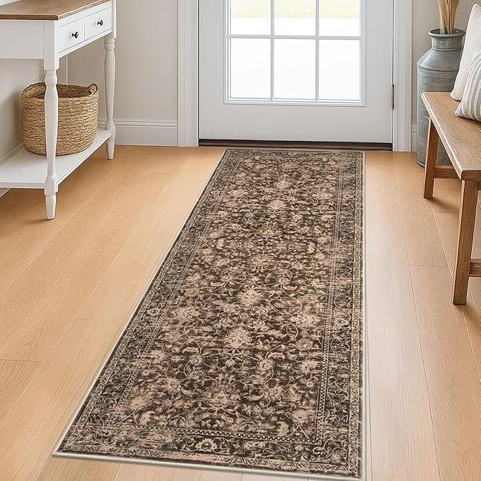KILOCOCO Hallway Runner 2x5 Kitchen Runner Rug Printed Vintage Floral Washable Non-Slip Runners for Hallways Laundry Room Rugs Distressed Boho Rug Runners for Bedroom, Rust Red