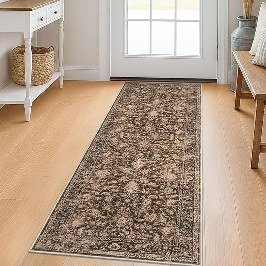 KILOCOCO Hallway Runner 2x5 Kitchen Runner Rug Printed Vintage Floral Washable Non-Slip Runners for Hallways Laundry Room Rugs Distressed Boho Rug Runners for Bedroom, Rust Red