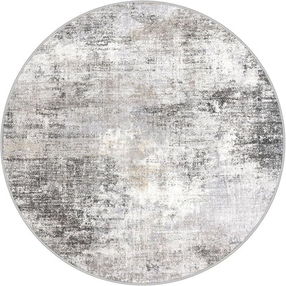 IOHOUZE Abstract Round Area Rug 8 Ft Washable Circle Rugs Large Round Rug Non Slip Thin Soft Circle Rugs, Printed Faux Wool Floor Carpet for Bedroom Living Room Dining Room Nursery, Grey Beige