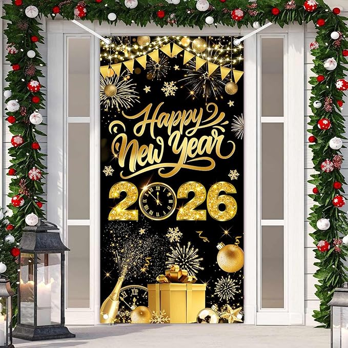 Black Gold Happy New Year 2026 Door Cover, Large 2026 NYE Front Door Banner New Year Eve Party Backdrop Decoration for Indoor Outdoor Festive NYE Hanging Sign