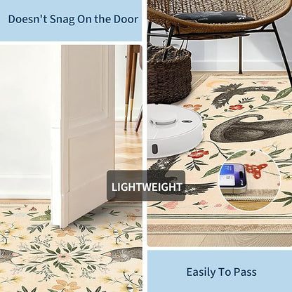 GarveeHome 5x7 Cat Area Rug Beige Washable Rugs for Living Room Bedroom, Soft Mushroom Floral Low Pile Non Slip Floor Mat Animal Print Throw Rug Indoor Carpet for Dorm Playroom Gothic Decor