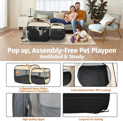 2-in-1 Portable Cat Playpen, Pop up Pet Kennel Play Pen Cat Tent House Cage, Foldable Puppy Enclosure Kitten Crates Indoors Outdoor(Beige)(No Divider, Pass-Through)