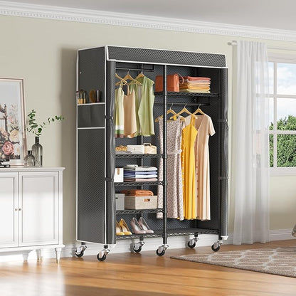 VIPEK R4C Portable Closet Rolling Clothes Rack Heavy Duty Adjustable Wardrobe Metal Garment Racks with Lockable Wheels Black Clothing Rack with Black Upgraded Polyester Cover, Max Load 620lbs