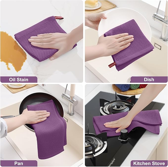 Homaxy 100% Cotton Kitchen Towels and Dishcloths Set, 12 x 12 Inches and 13 x 28 Inches, Set of 12 Bulk Kitchen Towels Set, Ultra Soft Absorbent Dish Cloths for Washing Dishes, Purple