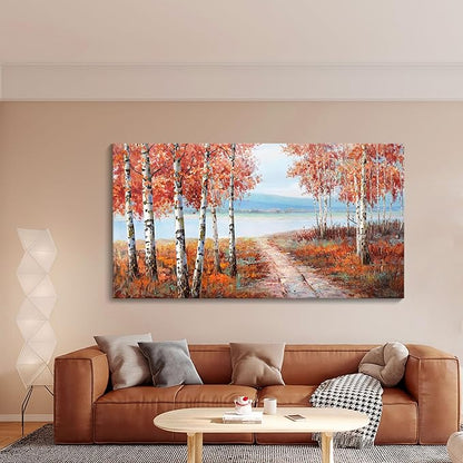 YDYSUNE Birch Tree Wall Art - Orange Large Canvas Wall Decor Forest Landscape Picture for Living Room Red Home Bedroom Decoration Tree Framed Painting Artwork Size 24X48Inch
