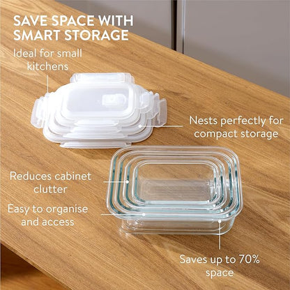 Navaris Glass Food Storage Containers with Lids - Set of 8, Airtight & Lockable - Reusable Meal Prep Containers for Lunch, Leftovers & Picnic - Microwave, Dishwasher & Oven Ready