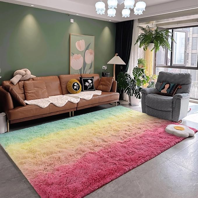 DweIke Luxury Fluffy Kids Rugs for Living Room Bedroom, 6x9 Large Shaggy Rainbow Pink Area Rug for Girls Boys, Upgrade Plush Non-Slip and Washable Colorful Fuzzy Carpet for Dorm Nursery Decor