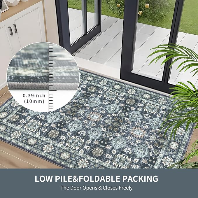Washable 8×10 Area Rug for Living Room, Vintage Floral Rug Soft Non Slip Stain Resistant Boho Carpet for Indoor Bedroom Dinning Room Home Office Blue/Navy