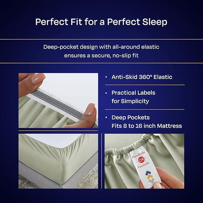 California Design Den Thick and Natural 100% Cotton Bed Sheets King Size Set - Luxury 1000 Thread Count Sateen, Deep Pocket Sheet & Pillowcase Sets, Soft, Breathable and Durable Bedding - Sage Green