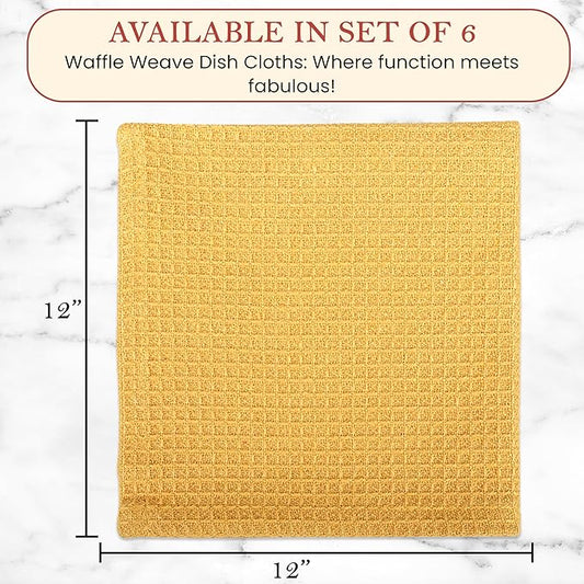 Vintage Vista 100% Cotton Waffle Dish Cloths (Pack of 6) - Dish Rags for Washing Dishes - Reusable & Highly Absorbent Kitchen Towels - Kitchen Rags for Christmas - (12" x 12" - Yellow)