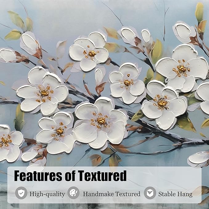 Anolyfi White Textured Flowers Wall Art for Living Room Canvas Painting, Modern Elegant Landscape Wall Art for Dining Room Bedroom Hallway Kitchen Office Home 40"x20"