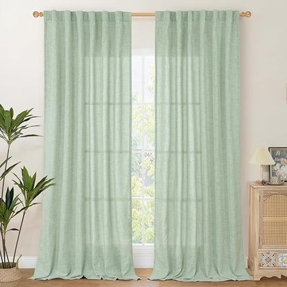 YoungsTex Light Sage Green Linen Curtains for Living Room 84 Inch Length, Light Filtering Drapes Semi Sheer with Back Tab Rod Pocket for Dining Bedroom Window, 2 Panels, 52 X 84 Inch