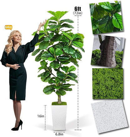 Artificial Fiddle Leaf Fig Tree 6ft, 6 Feet Large Tall Fake Plants Indoor with Modern Style Planter, Artificial Silk Tree for Home Office Living Room Decor Indoor, More Lifelike & Lush (White)