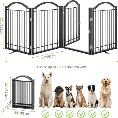 BHG Metal No-Assembly Freestanding Dog Gate with Door Walk Through, Extra Wide 96", Extra Tall 32" Pet Gate, Accordion Puppy Folding Playpen Dog Fence, with 2PCS Support (Black, 4 Panels)