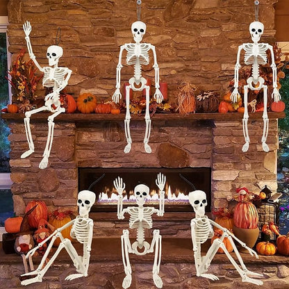 6 Pack Halloween Skeleton Decorations Outdoor: 16" Full Body Skeleton With Movable Posable Joints - Spooky Halloween Props for Yard, Garden, Lawn, Haunted House, Graveyard Decor