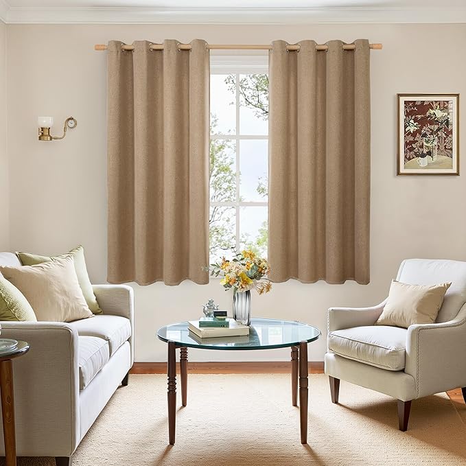 BGment Camel Linen Curtains 54 Inch Length for Short Window, Burlap Semi Sheer Drapes Light Filtering with Grommet Privacy Non See Through for Living Bedroom Farmhouse, 2 Panels, Each 52 Inch Wide