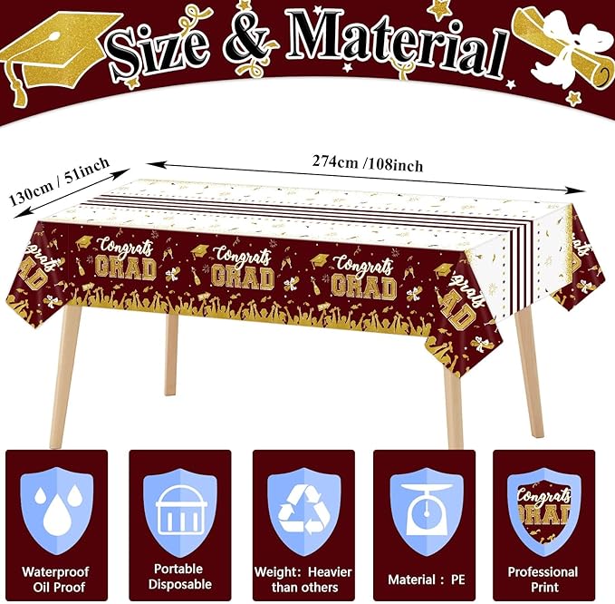 chiazllta Set of 3 Graduation Tablecloths Class of 2025 Congrats Grad Maroon Graduation Party Tablecover Decorations Party Supplies Large Size Plastic 54"x108"(Maroon & Gold)