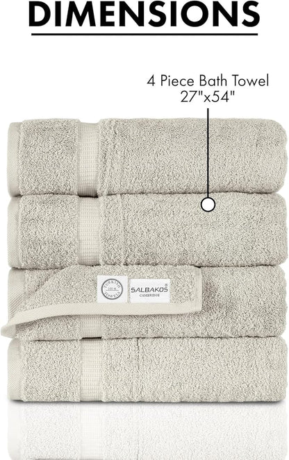 SALBAKOS 100% Turkish Cotton Bath Towel Set of 4 27x54 inch | Heirloom Quality | Hotel & Spa Collection | Ultra Soft, Super Absorbent, Long Lasting Bath Towels | Made in Turkey (Stone, 4 Bath Towels)