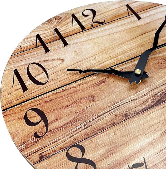 Plumeet Small Wall Clock, 10'' Frameless Wooden Wall Clocks with Silent Quartz Movement, Rustic Country Village Walnut Clocks Decorative for Kitchen Bedroom Living Room, Brown