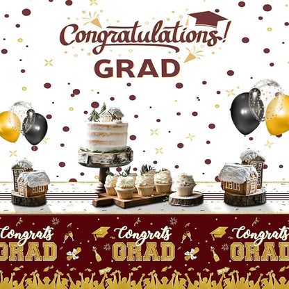 chiazllta Set of 3 Graduation Tablecloths Class of 2025 Congrats Grad Maroon Graduation Party Tablecover Decorations Party Supplies Large Size Plastic 54"x108"(Maroon & Gold)