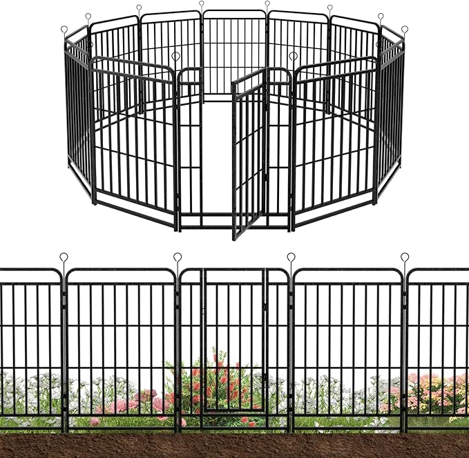 12 Panels No Dig Garden Fence 32 ft(L) X 40 in(H) Animal Barrier for Yard, Patio, Garden Borders, Outdoor Decorative Fencing with Thick Pipe Metal Panels
