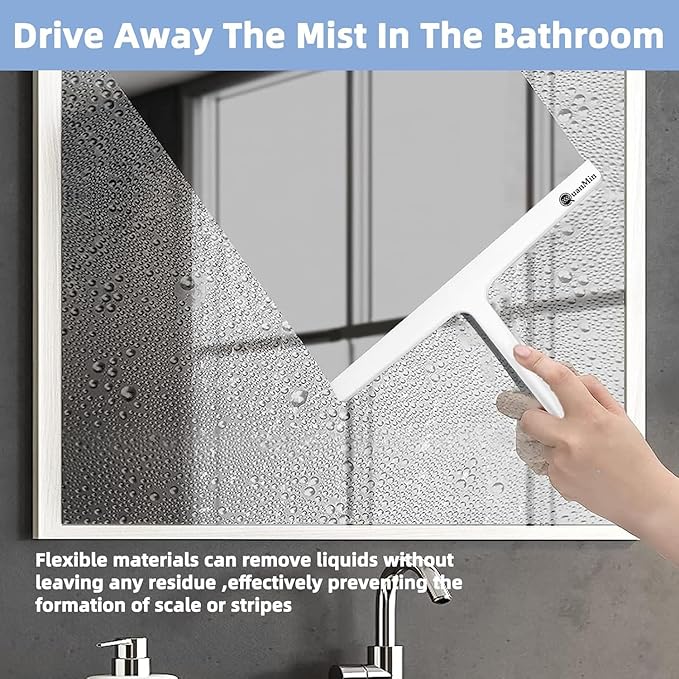 Upgraded 9 Inch Shower Squeegee with Hook - Stainless Steel Core & Silicone Blade | Multi-Purpose Glass Wiper for Shower Doors, Windows, Ceramics - Rounded White