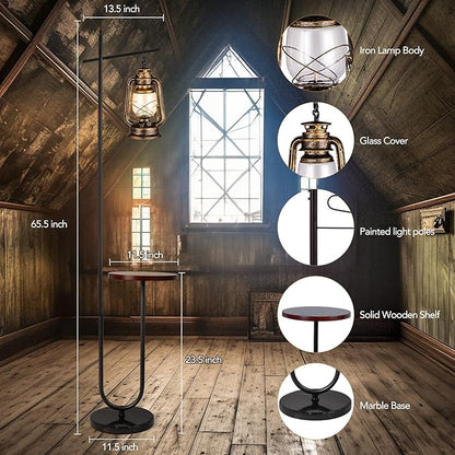 Vintage Floor Lamp with Table,Classical Lantern Standing Rustic Farmhouse Nightstand Hanging Arc Floor Lamp with Bronze Gold Finish,for Living Room,Bedroom,Reading Room(Bronze)