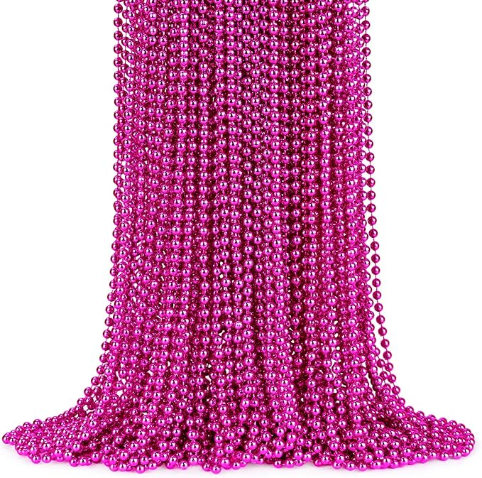 YAXINRUI 72 PCS Hot Pink Bead Necklace, Pink Mardi Gras Beads, Cancer Awareness Necklaces, 33 Inch Round Valentine Party Beads for Mardi Gras Christmas Cancer Awareness Month Events