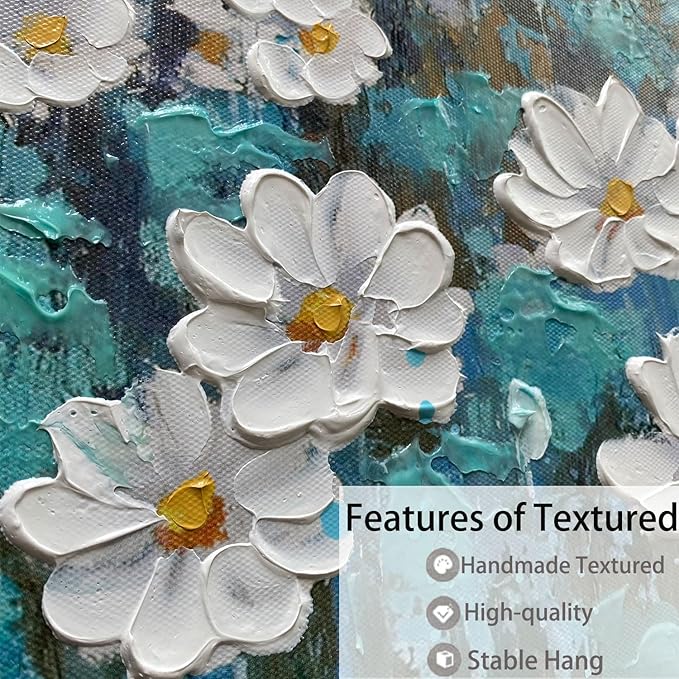 Arjun Flower Wall Art Bedroom Wall Decor Canvas White Daisy Floral Painting Landscape Picture Art Work for Living Room Wall Decor Textured Large Office Home Dining Room, 48"x24"