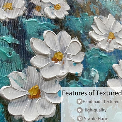 Arjun Flower Wall Art Bedroom Wall Decor Canvas White Daisy Floral Painting Landscape Picture Art Work for Living Room Wall Decor Textured Large Bathroom Office Home Dining Room, 40"x20"