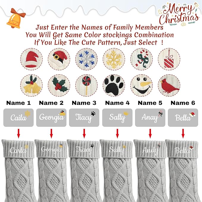 Personalized Christmas Stockings,Custom Embroidered Name+Logo Xmas Knitted Stockings 18'',Holiday and Family Stocking for Fireplace Christmas Holiday Party Decoration 1-6Pack（Grey）